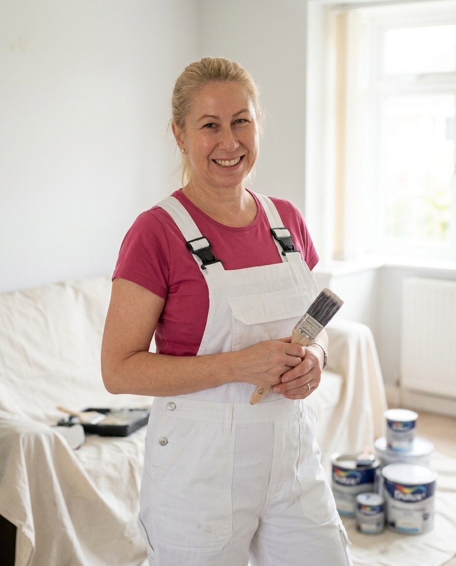 Della, painter and decorator, at work in a room she's decorating