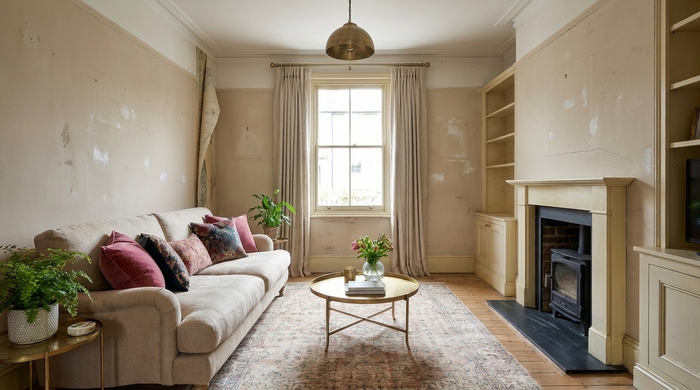 The living room before decorating: patchy magnolia walls and dated woodwork