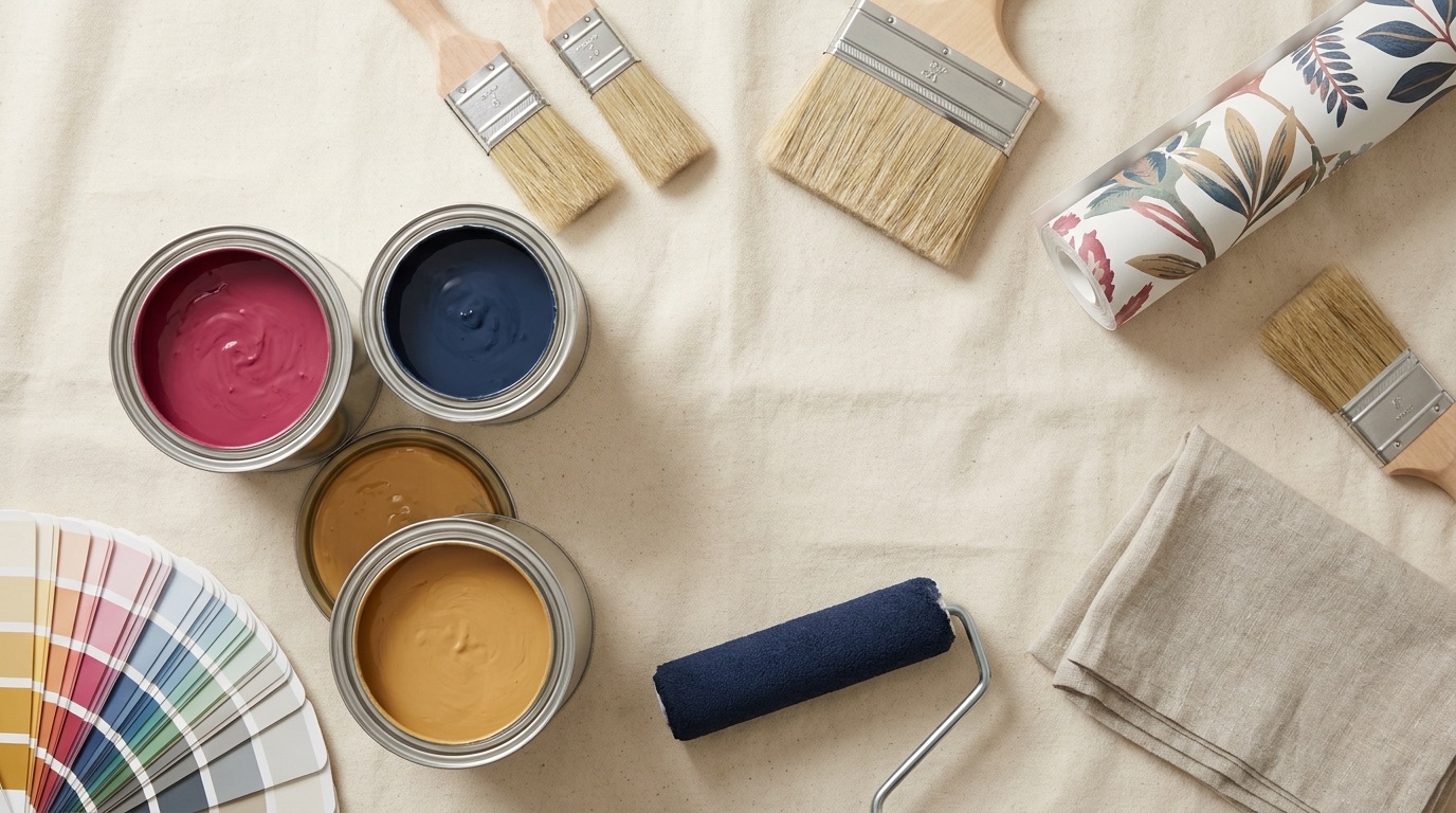 Paint tins, brushes and colour swatches laid out neatly