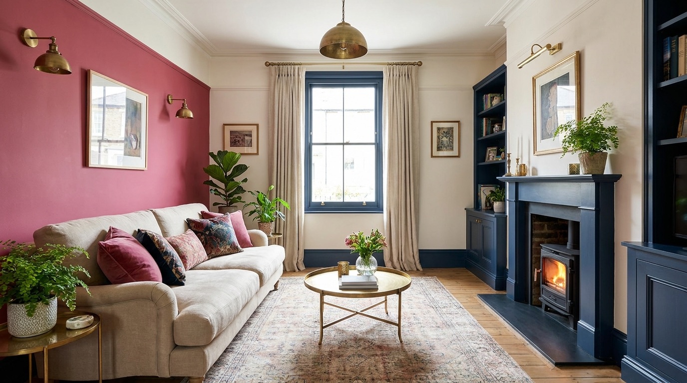 A freshly decorated living room with a deep pink feature wall and navy woodwork