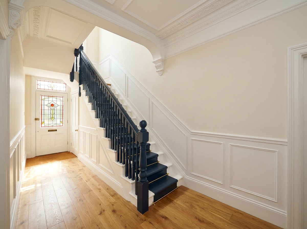 A brush painting a wooden skirting board in navy satin paint