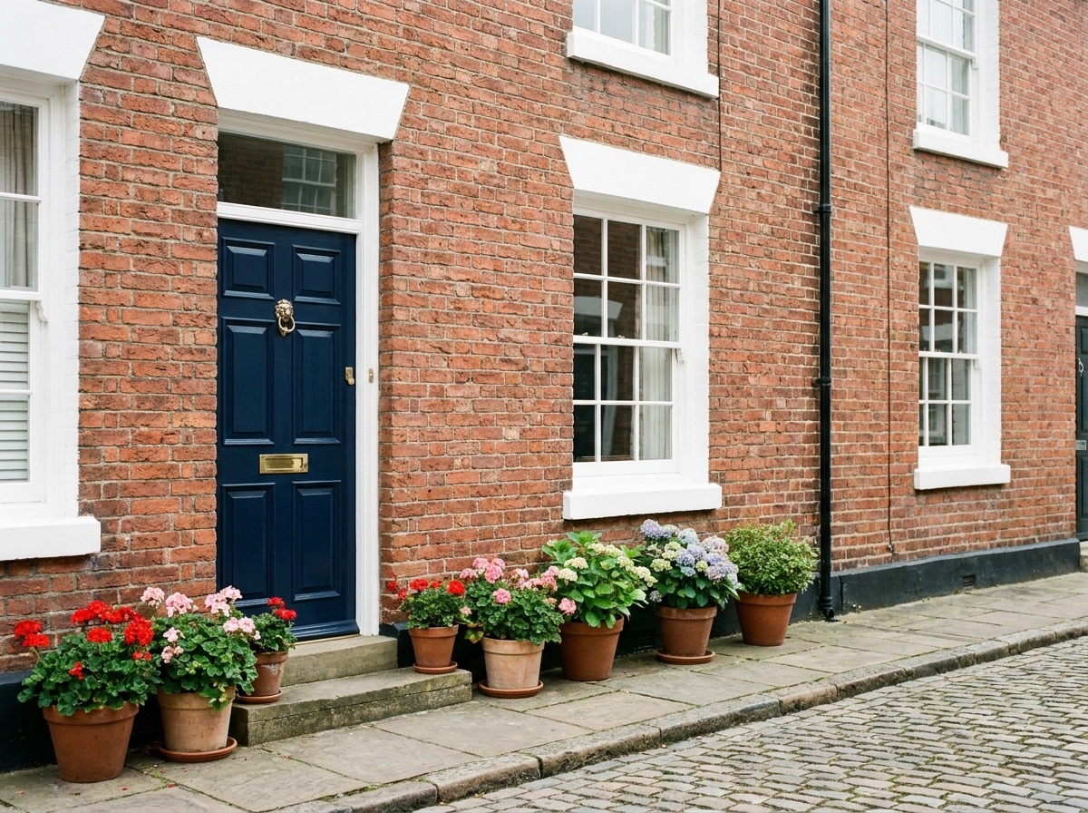Freshly painted navy front door on a red brick house