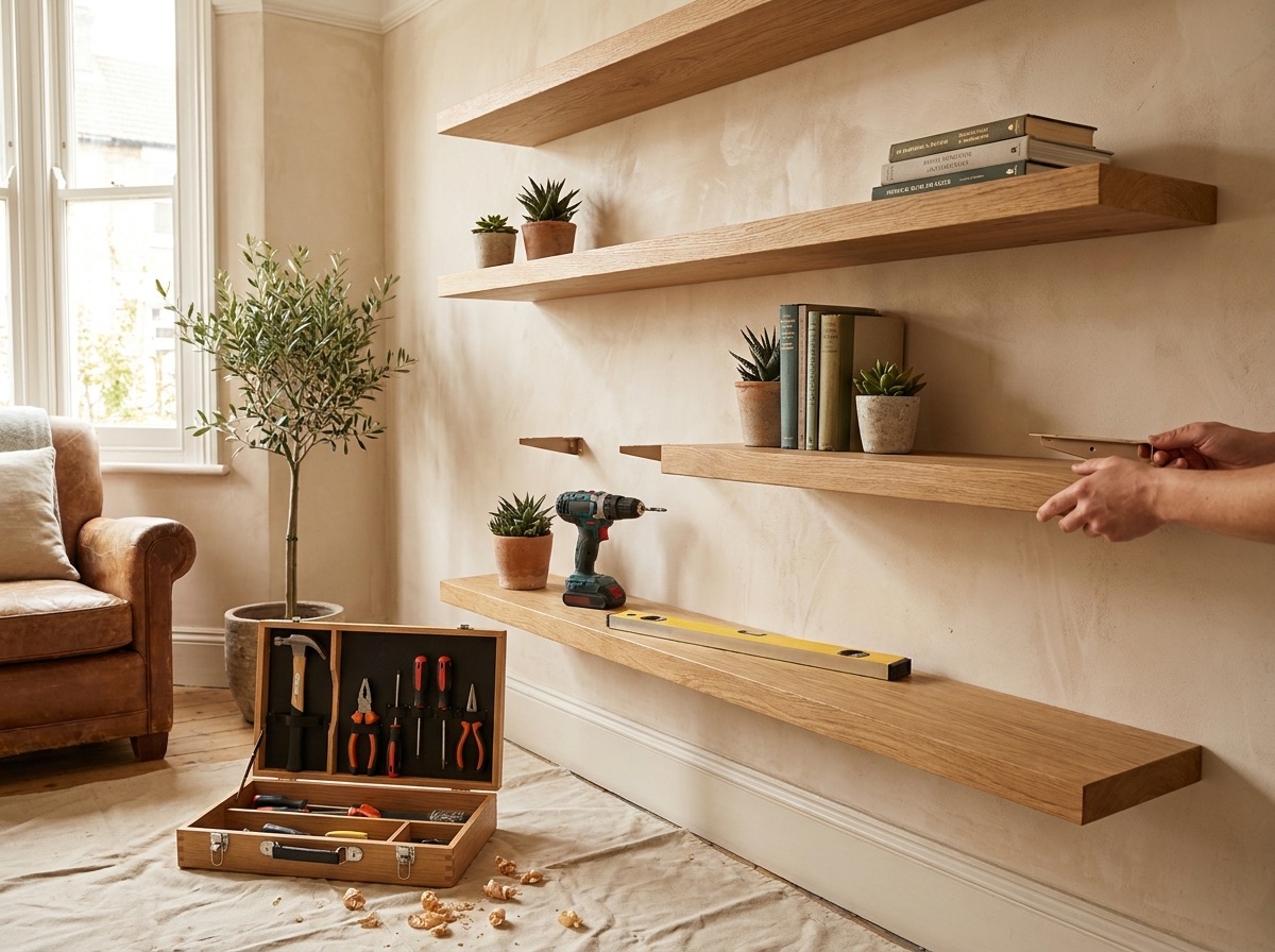 Oak shelves being fitted to a wall with a drill and spirit level nearby