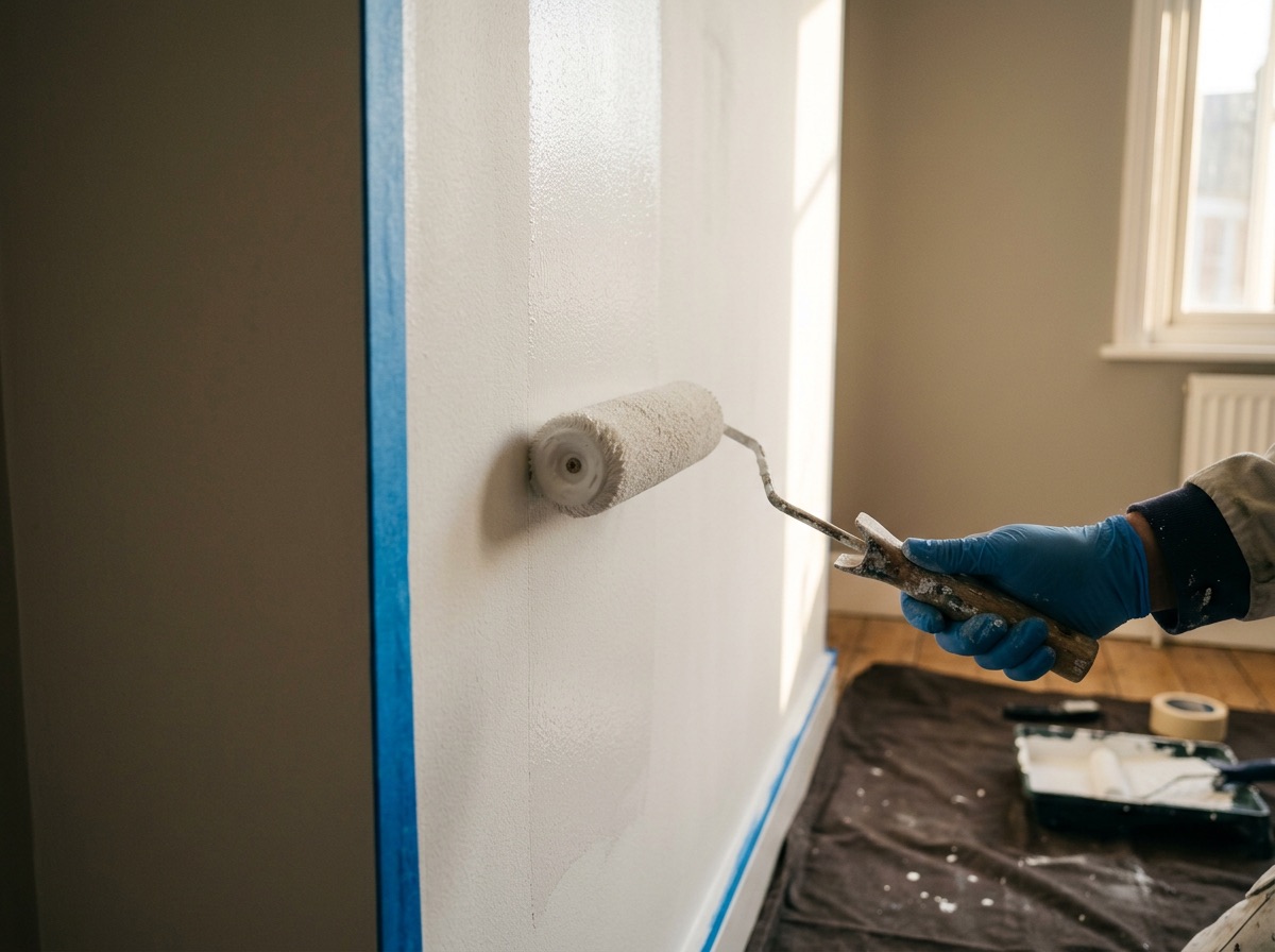 A roller applying smooth white emulsion to an interior wall