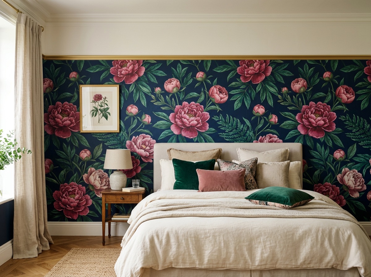A bedroom feature wall in bold botanical wallpaper